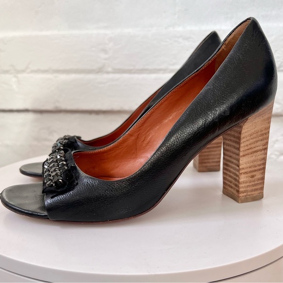 Lanvin Shoes - Lanvin Ete 2008 Black Crystal Embellished Open Toe Pump Leather Peep Toe